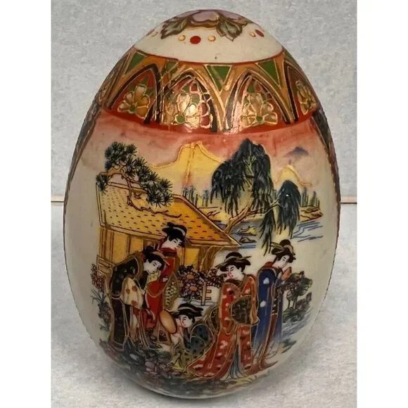 Royal Satsuma Egg Hand Painted Gold Trim Geisha Girls Japan - Picture 3 of 8